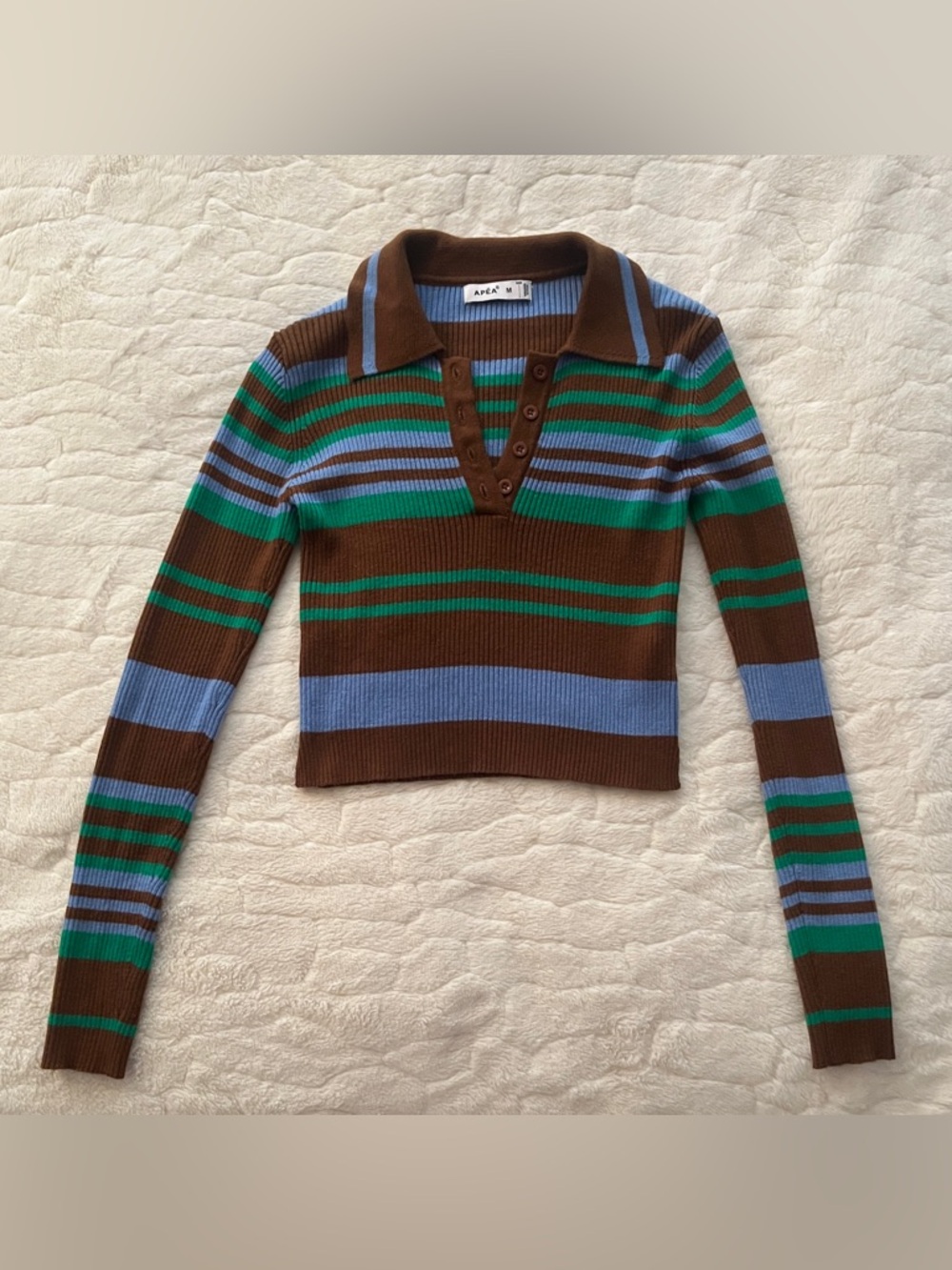 Cropped brown, blue, and green striped ribbed knit polo sweater size M. New